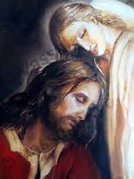 El ángel consuela a Jesús durante la hora de la angustia en Getsemani. Pintura de Vassula Ryden.