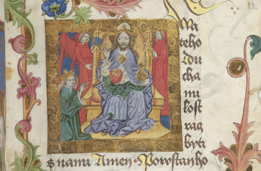 miniatura del siglo 15 del Sagrado Corazón. Se ubica sobre el costado de Cristo, en la herida de la lanza, y se lo representa en un trono como rey del universo.