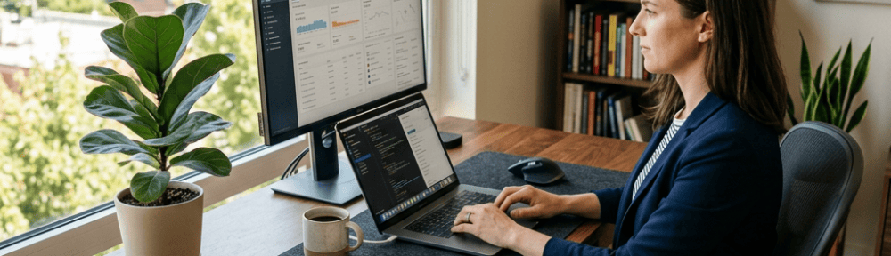 Professional working on a laptop beside a monitor in a bright home office