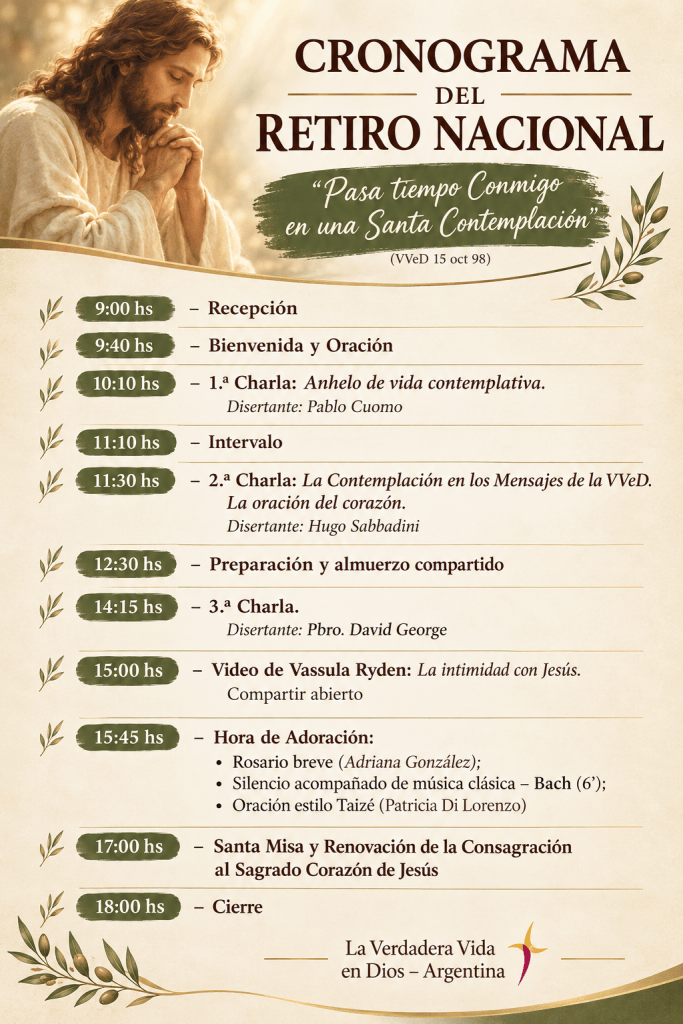 Cronograma del Retiro Nacional con actividades programadas desde la recepción hasta el cierre, incluyendo charlas, un video y la Santa Misa.